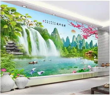Foto personalizat tapet 3d Chineză apa care curge cascada de flori, peisaj, decor acasă 3d pictura murala de perete tapet pentru camera de zi
