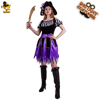 Costum de pirat pentru Femei Rochie de Petrecere Adult Violet Pirat Dress Joc de Rol Costum de Halloween cu Pălărie