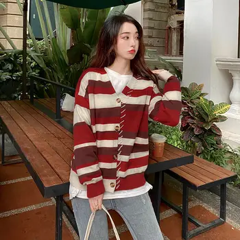 Pulover Cardigan Coreean Liber 2021 Femei Toamna Cu Dungi Vintage Tricotat Topuri De Sex Feminin Casual Primăvară V-Gât Pulover Cardigan