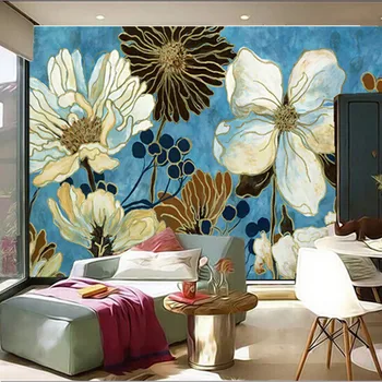 Obiceiul picturi murale 3D,Albastru, mic, proaspăt înflorit crizantema pictură în ulei,canapea living TV de perete tapet dormitor