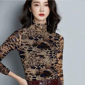 Toamna 2019 Noi Leopard-print Mesh Jos Cămașă cu mâneci Lungi de Top de Moda Elasticitatea Subțire de Înaltă guler Tricotate Bluza Femei