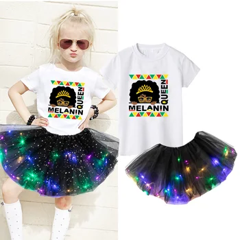 Fete pentru copii Seturi de Rochie Petrecere Rochie Casual, Negru African Parul Cret Fata Maneci Scurte Imprimate T-shirt+Luminos Fusta+Ac de păr Costum