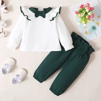 Primavara Fetita Tinutele Stil coreean Fata Îmbrăcăminte de Semnalizare Bluza cu Maneci Tricouri Bud Pantaloni Zburli Copii Costume Arc Fata Seturi