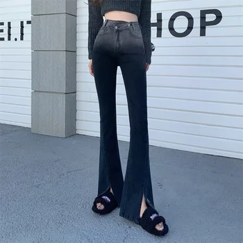 Femeile Harajuku Negru Gradient Flare Pantaloni 2022 Primăvară Talie Mare Y2K Blugi Mujer de Moda Doamnă Birou Split Pantaloni din Denim P421