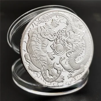 Antic Chinez Animal Mitic Dragon și Tigru Placat cu Argint Comemorative, Monede de Colectare de Cadouri Feng Shui Moneda Norocoasa