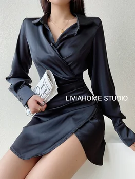 Ins TVVOVVIN Stil European Decora Design Rever Maneca Lunga Rochie de Culoare Solidă Talie Strâns de Moda de Îmbrăcăminte pentru Femei WF4U