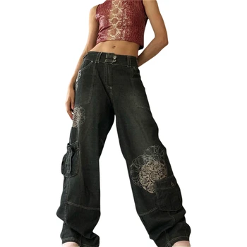Femei Pantaloni De Înaltă Talie Y2k Grafic Largi Picior Blugi Denim Drept Liber Casual Pantaloni Largi Vintage E-Fata De Streetwear