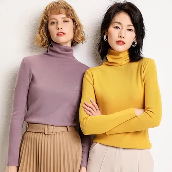 Femei Stil Nou pentru Toamna și Iarna Guler Tricotate Scurte Heap Guler Pulover cu Slim-Fit cu Mâneci Lungi Tricou