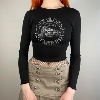 De epocă, Grunge Femei Tricouri Desene animate Scrisoare de Imprimare Topuri Sexy Maneca Lunga Slim Casual T-shirt Streetwear Feminin Topuri