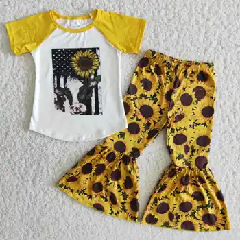 Floarea-soarelui bovine capul fetelor tinuta floral de primavara pantalonii evazați de tip boutique de moda pentru copii haine en-gros