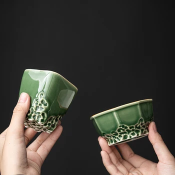 ȘORȚULEȚ Verde Glazura Ceramice lucrate Manual Ceașcă de ceai de Relief 3D Kung Fu Ceașcă de Ceai Rezistente la Căldură Retro Castron de Ceai