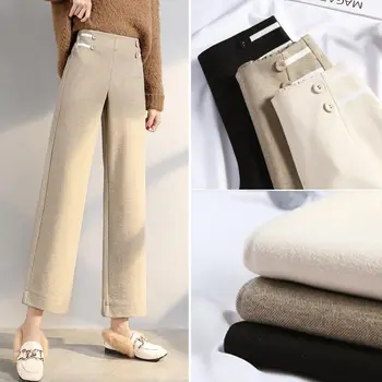 Noi coreean Pantaloni Largi pentru Femei de Iarnă Lejere si calduroase Drept-picior Pantaloni de Înaltă talie Modă de Culoare Solidă Pantaloni de Lână H38