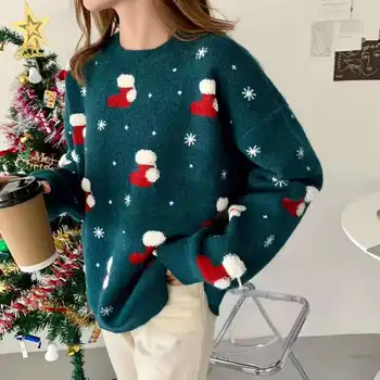 Ziua De Crăciun Imprimate Pulover Femei 2021 Toamna Iarna Noi Gros Ins Leneș Moda Vrac Exterior Purta Jacheta Tricotata
