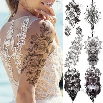 Negru Mare Trandafir Bujor Tatuaje Temporare Pentru Femei Barbati Geometrice Lup Copac Craniu Autocolant Tatuaj Fals Antebraț Braț Impermeabil Tatuaj