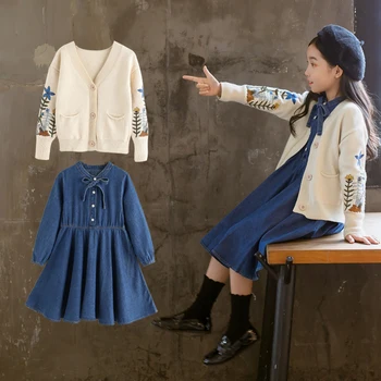 Coreea de Îmbrăcăminte pentru Copii Set Fete Maneca Lunga Printesa Rochie Denim Cutat + Pulover tricotat 2 Buc Costum Copiii Toamna Haine B81