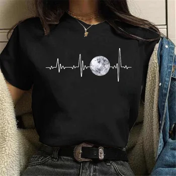 Anbenser Luna de Imprimare Tricou Femei Casual Femei pe Gât Rotund Alb Negru T-Shirt Eclipsa de lună Imprimate T-Shirt Femei Topuri Tee