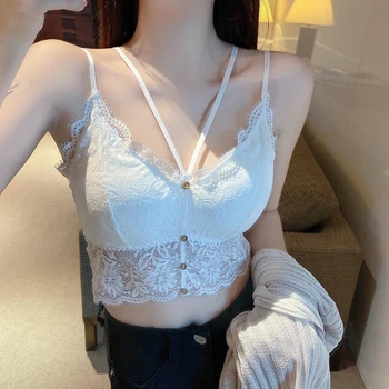 Franceză Sexy Lace Halter Sling Femei Interioară Curea cu Pad Piept coreeană Stil de Moda Hollow Slim Scurt Bottom Cami Top