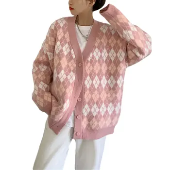 hirigin Noua Moda Femei Y2K Butonul de Jos Tricot Pulover Supradimensionat Cardigan cu Maneci Lungi V-Neck Argyle Imprimare Vrac Haina