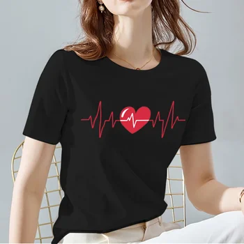 Femei Topuri Teu Negru Toate-meci de Vara Casual T-Shirt O-Gât Dragoste Inima Model de Imprimare de Navetiști Maneca Scurta pentru Femei de Îmbrăcăminte
