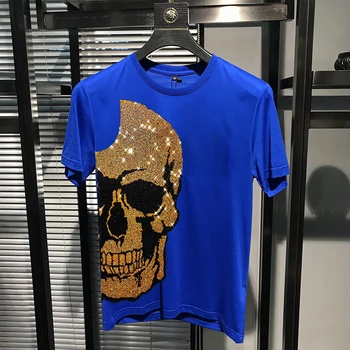Supradimensionate de Personalitate Bărbați cu Mânecă Scurtă, O-Neck Street Casual T-Shirt, Cu Strălucitoare Fierbinte Diamante Și Unic Craniu Mare Lux de Top