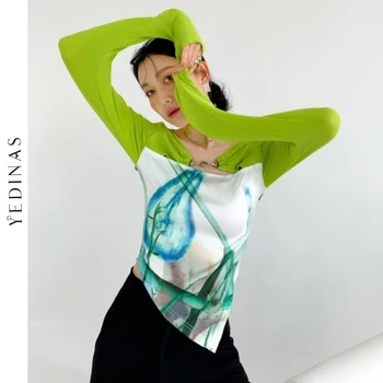 Yedinas Mozaic Verde Top Asimetric Cu Maneci Lungi Tricou Femei Buton De Metal Tricouri Tricou De Designer De Moda Coreeană 2021