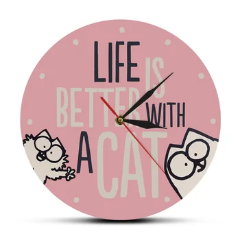 Viața Este Mai Bine Cu O Pisica Design Modern, Imprimat Ceasuri De Perete Iubitor De Pisici Ceas Fata De Camera Roz Decorative, Cadou De Casă Nouă