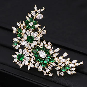 zlxgirl verde și clar cubic zircon floare Broșă ace de mireasa bijuterii din metal de culoare de Aur pentru femei esarfe ace Hijab accesoriu