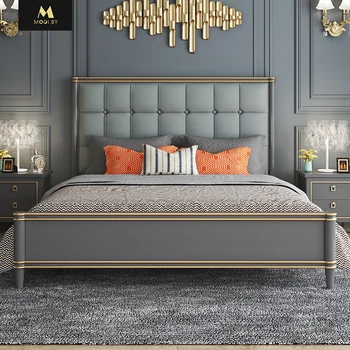 Lumină moderne de lux în stil American dublu 1,8 m dormitorul sac moale pat mare din lemn masiv simplu pat de piele