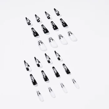 24buc/cutie Negru&Alb Flacără Model Nail Art Unghii False + Lipici Decoratiuni Pline Acoperirea Unghiilor False Stil Gotic Design Manichiura