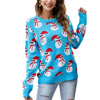 toamna iarna tricotate de culoare albastru o gâtului pulover de Crăciun mozaic vrac femei pulover