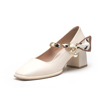 Franceză Femei Elegante Pantofi Noi De Primăvară Superficial Gura Britanic Mediu Toc Gros Pantofi Femei Perla Mary Jane Pantofi Singur