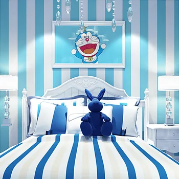 Albastru mediteranean Tapet Non-Țesute Dormitor, Camera pentru Copii Doraemon Dingdang Tema Pisica Albastru Dungi Verticale Tapet