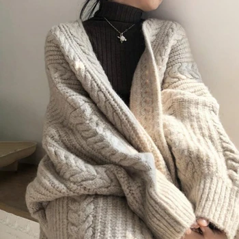 V-neck Femei Deschide Ochi Pulovere Epocă Solid Tricotate Lungi Răsucite Cardigane 2020 Iarna Femei haine Groase & Pulover