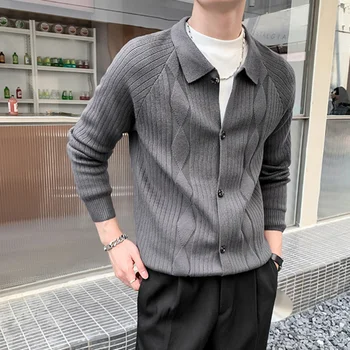 Simplu Knit Cardigan pentru Barbati Maneca Lunga Casual Slim Pulover Tricotate Sacou Rever Singur Pieptul Sweatercoat Topuri Bărbați Îmbrăcăminte