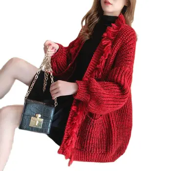 Pulover roșu Haina Femeilor Pierde-Fit stil coreean Primavara Toamna anului 2021 Noi Ciucuri Toamna Și Iarna Fir Gros Tricotat Cardigan